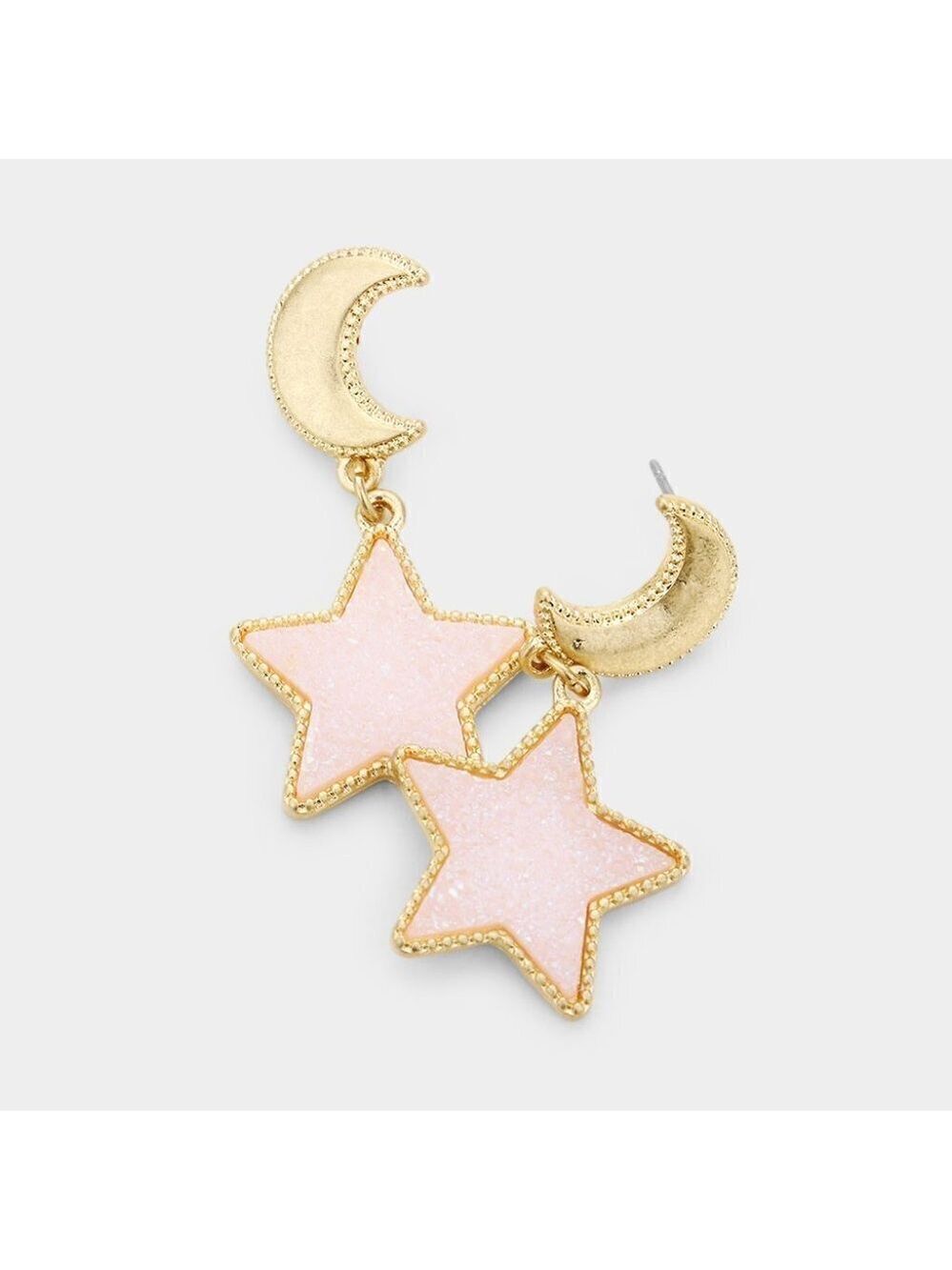 NEW Small Pink Crescent Moon Druzy Star Metal Gold Earrings